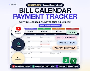 Bill Tracker Spreadsheet, Monthly Bill Calendar, Budget Calendar, Payment Checklist, Due Dates (Google Sheets, Excel)