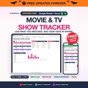 May include: A digital Movie & TV Show Tracker for Google Sheets and Excel, featuring a laptop and smartphone display showing data dashboards, charts, and logs. Text includes "UPDATED 2026", "LOG WHAT YOU WATCHED", and "FREE CUSTOM TWEAK".