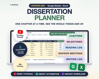 Dissertation and Thesis Planner Spreadsheet, Chapter Progress, Milestones, Reading Log (Google Sheets, Excel)