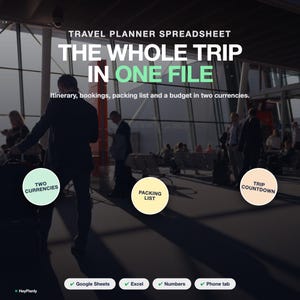 Puede incluir: Una hoja de c&aacute;lculo digital de planificaci&oacute;n de viajes con el texto TRAVEL PLANNER SPREADSHEET THE WHOLE TRIP IN ONE FILE. Incluye secciones para itinerarios, reservas, listas de equipaje, presupuestos en dos divisas y cuenta atr&aacute;s, compatible con Google Sheets, Excel, Numbers y pesta&ntilde;as de tel&eacute;fono.
