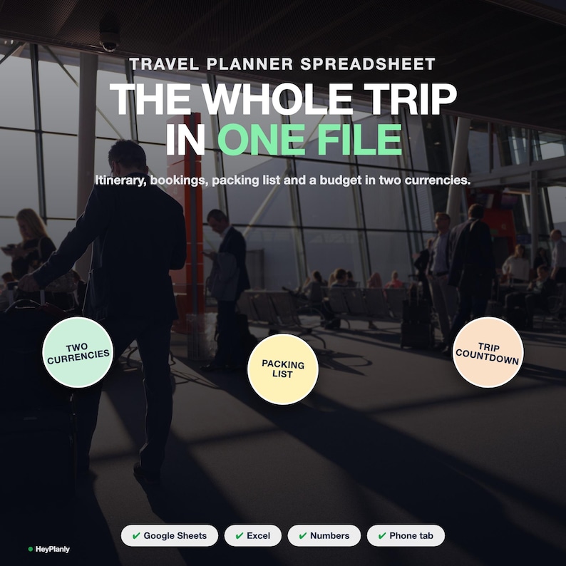 Puede incluir: Una hoja de c&aacute;lculo digital de planificaci&oacute;n de viajes con el texto TRAVEL PLANNER SPREADSHEET THE WHOLE TRIP IN ONE FILE. Incluye secciones para itinerarios, reservas, listas de equipaje, presupuestos en dos divisas y cuenta atr&aacute;s, compatible con Google Sheets, Excel, Numbers y pesta&ntilde;as de tel&eacute;fono.
