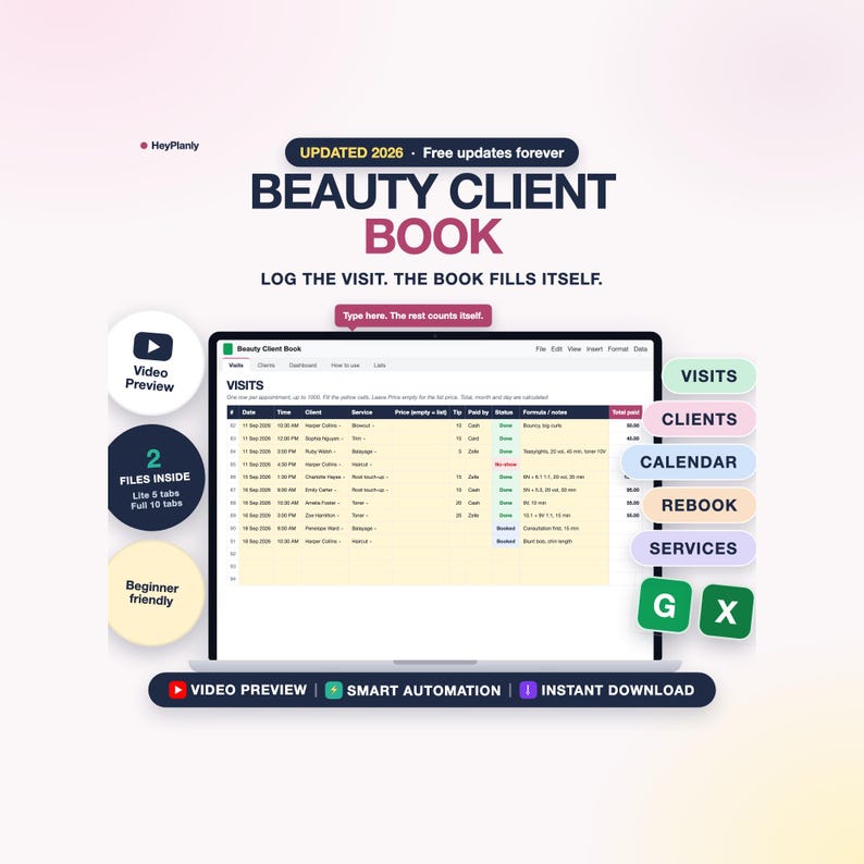Salon Appointment Book & Client Record Book Spreadsheet, Client Tracker, Hairstylist Appointment Book, Income Log (Google Sheets, Excel) image 1