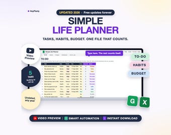 Simple Life Planner Spreadsheet, To Do List, Habit Tracker, Budget, Daily Dashboard (Google Sheets, Excel)