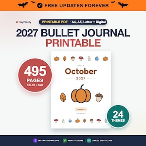 May include: A 2027 bullet journal printable PDF featuring 495 pages in color and black and white with 24 themes. The cover displays the text October 2027, a central pumpkin illustration, and small seasonal icons like leaves and acorns.