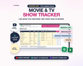 Movie and TV Show Tracker Spreadsheet, Watchlist, Series Progress, Ratings, Stats (Google Sheets, Excel)