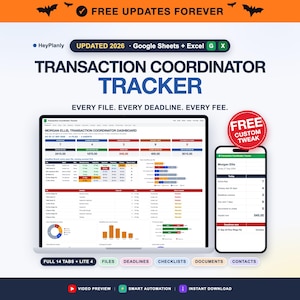 May include: A digital transaction coordinator tracker for Google Sheets and Excel, featuring a laptop and smartphone display showing a dashboard for Morgan Ellis with data tables, charts, and status metrics. Includes text: FREE UPDATES FOREVER, UPDATED 2026, TRANSACTION COORDINATOR TRACKER, EVERY FILE. EVERY DEADLINE. EVERY FEE., FREE CUSTOM TWEAK, FULL 14 TABS + LITE 4, FILES, DEADLINES, CHECKLISTS, DOCUMENTS, CONTACTS, VIDEO PREVIEW, SMART AUTOMATION, INSTANT DOWNLOAD.