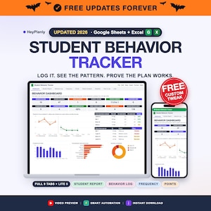 May include: A digital student behavior tracker for Google Sheets and Excel, featuring a dashboard with charts, graphs, and data tables displayed on a laptop and smartphone screen. The interface includes tabs for reports, logs, frequency, and points.