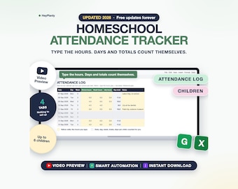 Homeschool Attendance Tracker Spreadsheet, Hours Log, Days Counter, Record Keeping (Google Sheets, Excel)