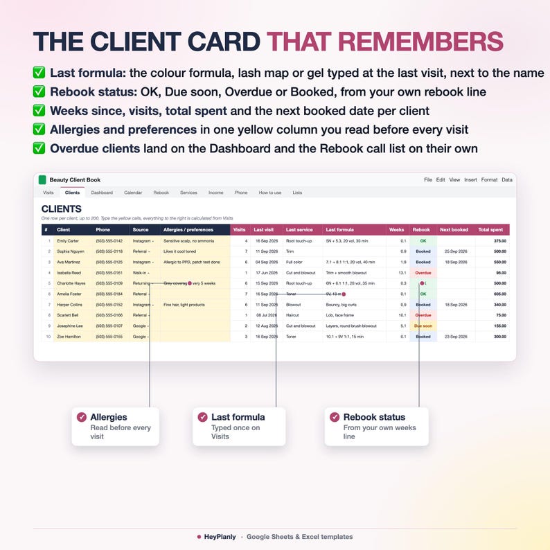 Salon Appointment Book & Client Record Book Spreadsheet, Client Tracker, Hairstylist Appointment Book, Income Log (Google Sheets, Excel) image 7