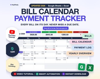 Bill Tracker Spreadsheet, Monthly Bill Calendar, Budget Calendar, Payment Checklist, Due Dates (Google Sheets, Excel)