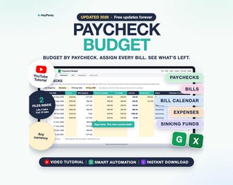 Paycheck Budget Spreadsheet, Biweekly Budget Planner, Bill Calendar (Google Sheets, Excel)