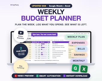 Weekly Budget Planner Spreadsheet, Weekly Budget Template, Expense Tracker, Paycheck Budget 2026 2027 (Google Sheets, Excel)