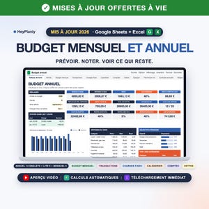 Budget Mensuel et Annuel Google Sheets Excel, Planificateur Budgétaire Français, Reste à Vivre, Suivi Dépenses, Épargne et Dettes