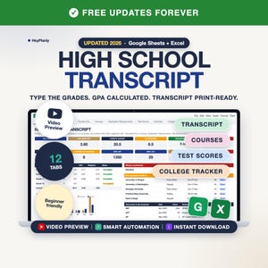 High School Transcript Template, Homeschool Transcript, GPA Calculator, College Tracker (Google Sheets, Excel)