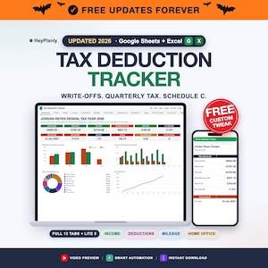 Puede incluir: Una plantilla digital de seguimiento de deducciones fiscales para Google Sheets y Excel, mostrada en la pantalla de un portátil y un smartphone. La interfaz muestra datos financieros, gráficos y tablas para el año fiscal 2026.