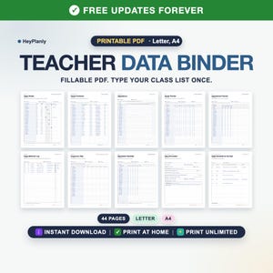 Teacher Data Binder Printable, Fillable PDF Class Roster, Parent Contact Log, Assessment and Behavior Log, Sub Plans (Letter, A4)