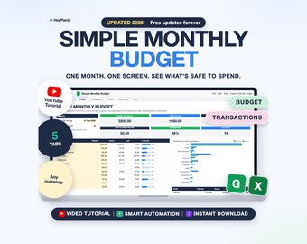 Simple Monthly Budget Spreadsheet, Expense Tracker, Safe to Spend (Google Sheets, Excel)