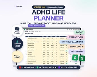 ADHD Life Planner Spreadsheet, ADHD Planner, Daily To Do List, Brain Dump, Habit Tracker, Budget, Meal Plan, Routines (Google Sheets, Excel)