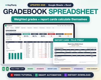 Teacher Gradebook Spreadsheet, Weighted Grades, Report Card, Homeschool Grade Tracker (Google Sheets, Excel)