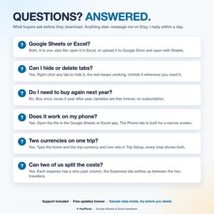 Puede incluir: Un gr&aacute;fico de informaci&oacute;n digital titulado QUESTIONS? ANSWERED. que presenta una lista de seis preguntas y respuestas frecuentes sobre la compatibilidad de hojas de c&aacute;lculo, gesti&oacute;n de pesta&ntilde;as, reutilizaci&oacute;n anual, acceso m&oacute;vil y divisi&oacute;n de gastos.