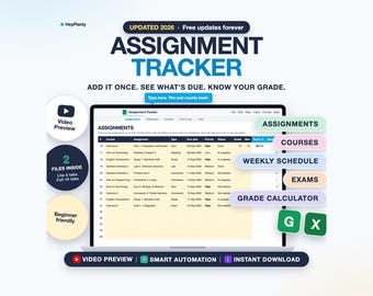 Assignment Tracker Spreadsheet, Student Planner, Grade Calculator, Due Dates (Google Sheets, Excel)