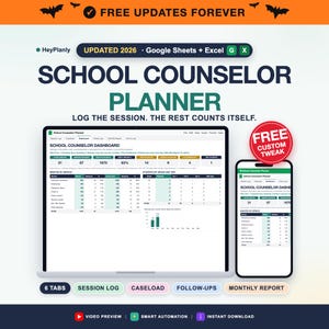 School Counselor Planner Spreadsheet, Caseload Tracker, Session Log, Follow-ups, Monthly Report (Google Sheets, Excel)