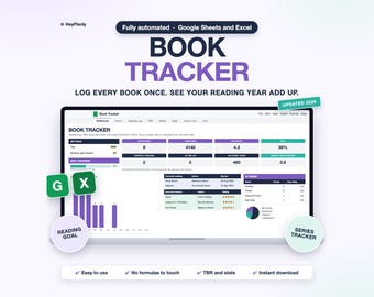 Book Tracker and Reading Journal Spreadsheet, Reading Log, TBR List (Google Sheets, Excel)