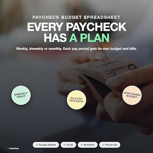 Puede incluir: Una plantilla de hoja de c&aacute;lculo de presupuesto de n&oacute;mina con el texto: PAYCHECK BUDGET SPREADSHEET, EVERY PAYCHECK HAS A PLAN, Weekly, biweekly or monthly. Each pay period gets its own budget and bills. Incluye los c&iacute;rculos BIWEEKLY READY, BILLS BY PAYCHECK, ZERO BASED BUDGET e iconos de Google Sheets, Excel, Numbers y Phone tab.