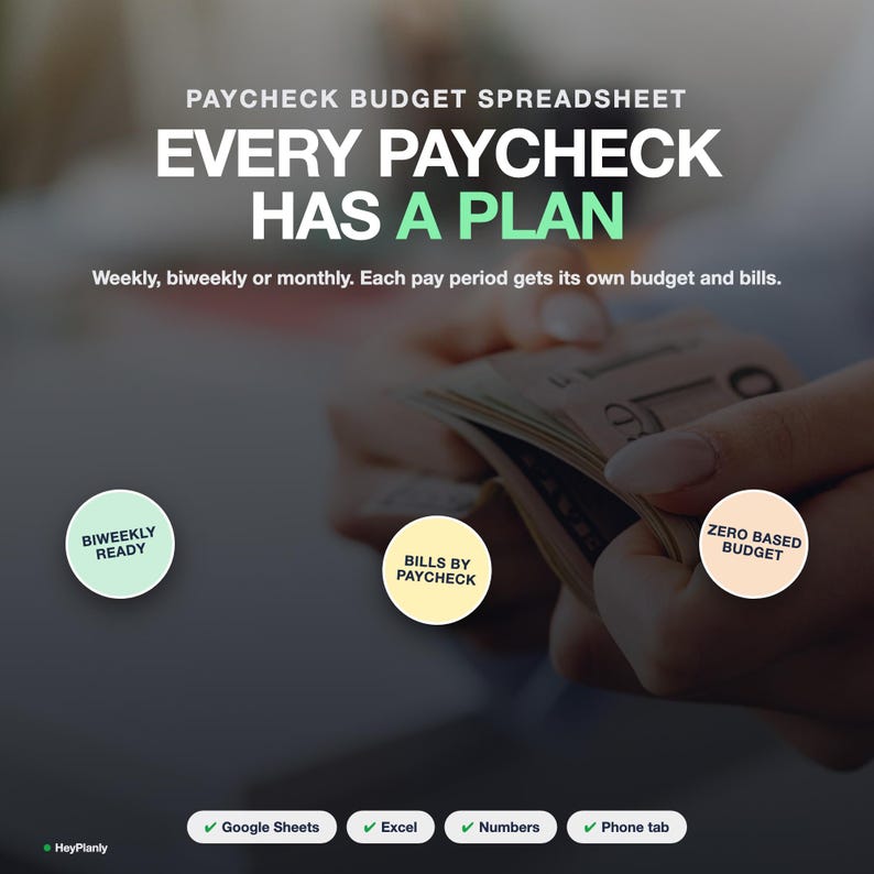 Puede incluir: Una plantilla de hoja de c&aacute;lculo de presupuesto de n&oacute;mina con el texto: PAYCHECK BUDGET SPREADSHEET, EVERY PAYCHECK HAS A PLAN, Weekly, biweekly or monthly. Each pay period gets its own budget and bills. Incluye los c&iacute;rculos BIWEEKLY READY, BILLS BY PAYCHECK, ZERO BASED BUDGET e iconos de Google Sheets, Excel, Numbers y Phone tab.