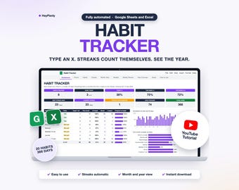 Habit Tracker Spreadsheet, Daily Habit Planner, Streaks, Monthly Overview (Google Sheets, Excel)