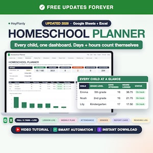 May include: A digital homeschool planner for Google Sheets and Excel featuring a dashboard with student progress tracking, lesson logs, attendance, and grade tables. The interface displays data for children named Emma, Noah, and Lily.