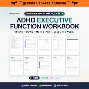 Puede incluir: Un libro de trabajo PDF imprimible sobre funciones ejecutivas para TDAH con 24 páginas en tamaños Letter, A4 y A5. El documento incluye plantillas para desglose de tareas, hábitos y reseteos semanales con el texto: ADHD EXECUTIVE FUNCTION WORKBOOK.