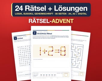 Rätsel Adventskalender zum Ausdrucken für Erwachsene, 24 Rätsel mit Lösungen, Logikrätsel, Sudoku, Geheimschrift, PDF A4 A5 ausfüllbar
