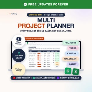 May include: A digital multi-project planner for Google Sheets and Excel, updated for 2026. The interface displays a project tracking table with columns for progress, deadlines, and health status. Includes icons for video preview, projects, tasks, kanban, calendar, and gantt charts, with labels for smart automation and instant download.