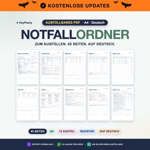 Peut inclure: Un modèle de classeur d'urgence numérique en allemand, comprenant 65 pages PDF A4 remplissables. Le document contient 12 chapitres pour organiser les informations personnelles, avec des textes comme NOTFALLORDNER et ZUM AUSFÜLLEN.