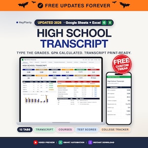 High School Transcript Template, Homeschool Transcript, GPA Calculator, College Tracker (Google Sheets, Excel)