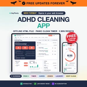 ADHD Cleaning App, Offline HTML File, Panic Clean Timer, 5 Minute Resets by Zone, Cleaning Cards, Low Energy Mode, Chore Chart
