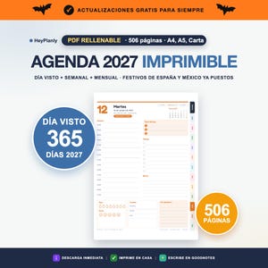 Può includere: Un'agenda stampabile 2027 in formato PDF con 506 pagine nelle dimensioni A4, A5 e Letter. Il layout presenta viste giornaliere, settimanali e mensili, inclusi i giorni festivi di Spagna e Messico, tracciamento acqua e liste.