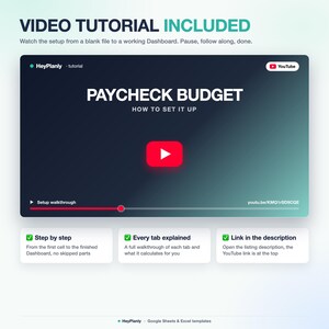 Puede incluir: Un gr&aacute;fico digital que muestra un tutorial de video de YouTube para un panel de presupuesto de n&oacute;mina. La interfaz presenta un fondo degradado oscuro, un bot&oacute;n de reproducci&oacute;n rojo y texto que incluye "PAYCHECK BUDGET" con tres cuadros de informaci&oacute;n.