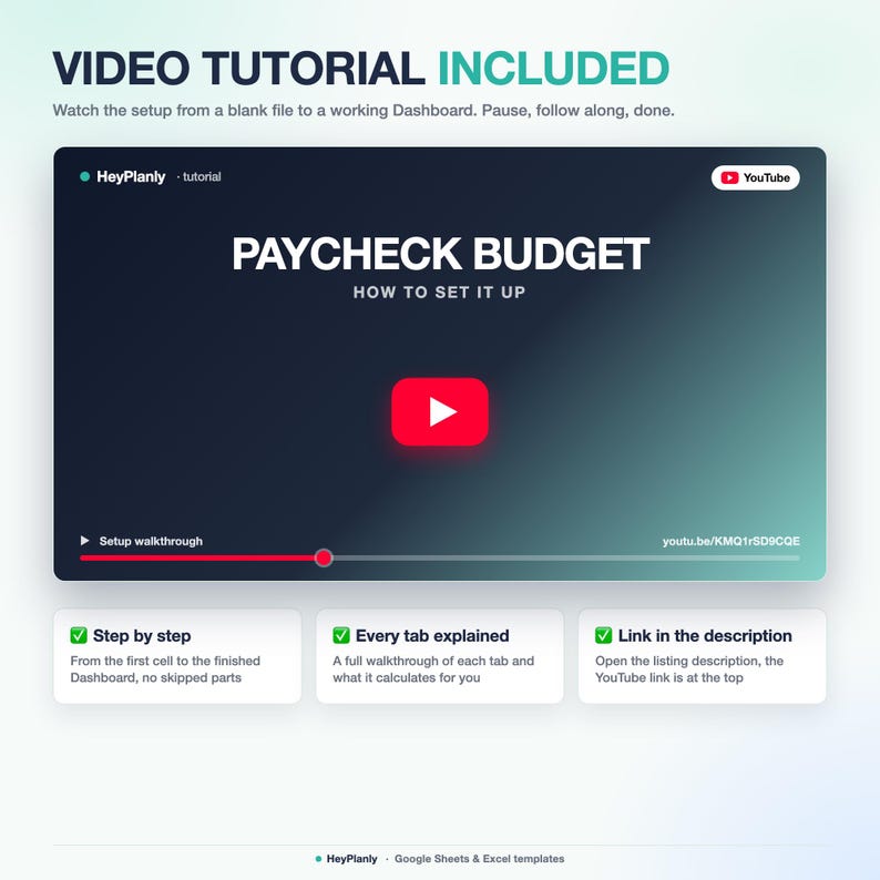 Puede incluir: Un gr&aacute;fico digital que muestra un tutorial de video de YouTube para un panel de presupuesto de n&oacute;mina. La interfaz presenta un fondo degradado oscuro, un bot&oacute;n de reproducci&oacute;n rojo y texto que incluye "PAYCHECK BUDGET" con tres cuadros de informaci&oacute;n.