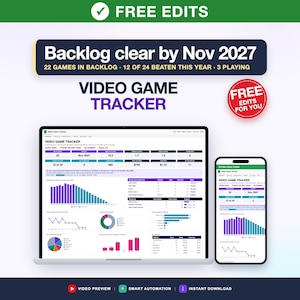 Video Game Tracker Spreadsheet, Gaming Backlog and Game Library Log, Wishlist, Hours Played, Stats (Google Sheets, Excel)