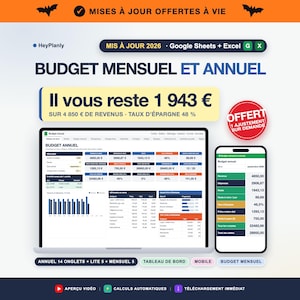 Puede incluir: Una plantilla de presupuesto digital mostrada en la pantalla de un portátil y un teléfono inteligente. La interfaz muestra datos financieros mensuales y anuales, incluyendo ingresos, gastos y tasas de ahorro en euros. Texto: Budget Mensuel et Annuel.