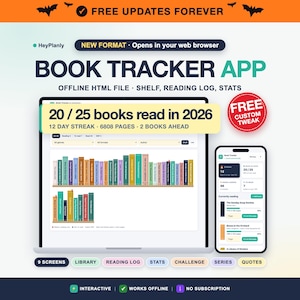 Book Tracker App, Reading Tracker, Goodreads Import, Reading Log, TBR, Series, Stats, Works Offline (HTML File)