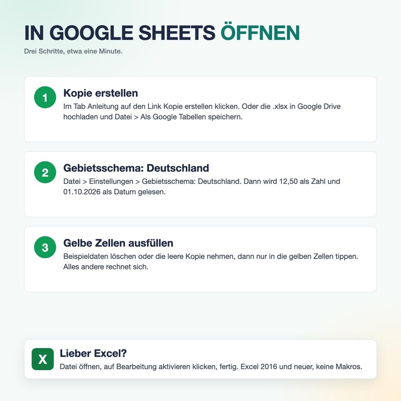 May include: An instructional graphic titled IN GOOGLE SHEETS &Ouml;FFNEN with three numbered steps for copying a file, setting the region to Germany, and filling in yellow cells, plus an additional note for Excel users.