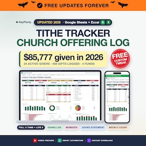 May include: A digital Tithe Tracker Church Offering Log spreadsheet for Google Sheets and Excel, featuring a dashboard with data visualizations, charts, and tables showing $85,777 given in 2026, 24 active givers, 408 gifts logged, and 4 funds.