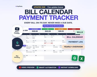 Bill Tracker Spreadsheet, Monthly Bill Calendar, Budget Calendar, Payment Checklist, Due Dates (Google Sheets, Excel)