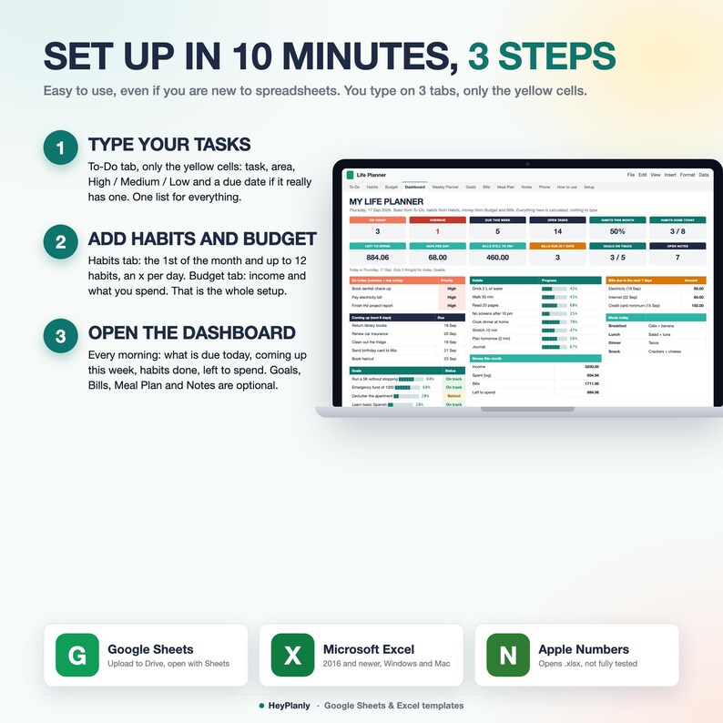 Life Planner Spreadsheet, Budget, Habit Tracker, To Do List, Goals, Weekly Planner (Google Sheets, Excel) imagen 3