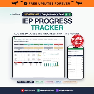 May include: IEP Progress Tracker digital template for Google Sheets and Excel. Features a dashboard with student data, progress charts, and goal tracking. Includes 11 tabs, data logs, and automated reporting tools for educational progress monitoring.