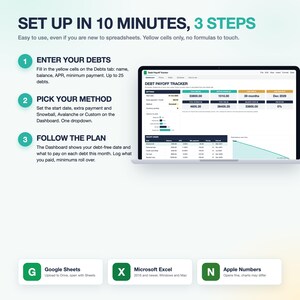 May include: A digital debt payoff tracker spreadsheet displayed on a laptop screen. The interface features a dashboard with financial data, charts, and tables. Three numbered steps explain the setup process, and icons for Google Sheets, Microsoft Excel, and Apple Numbers are shown at the bottom.