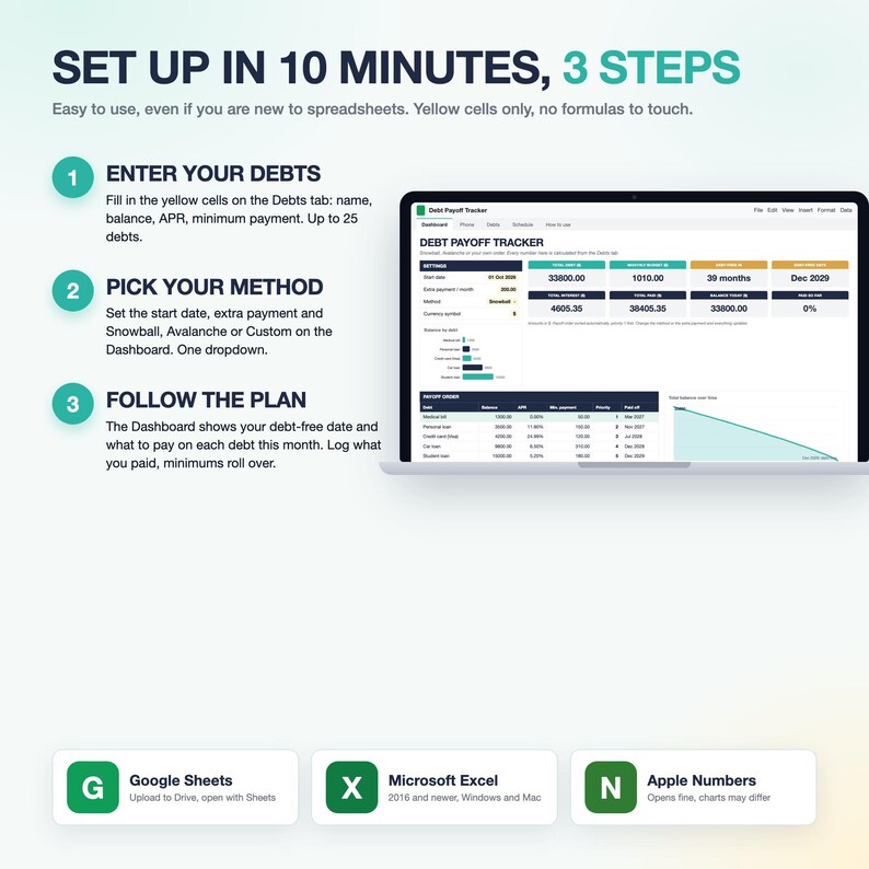 May include: A digital debt payoff tracker spreadsheet displayed on a laptop screen. The interface features a dashboard with financial data, charts, and tables. Three numbered steps explain the setup process, and icons for Google Sheets, Microsoft Excel, and Apple Numbers are shown at the bottom.